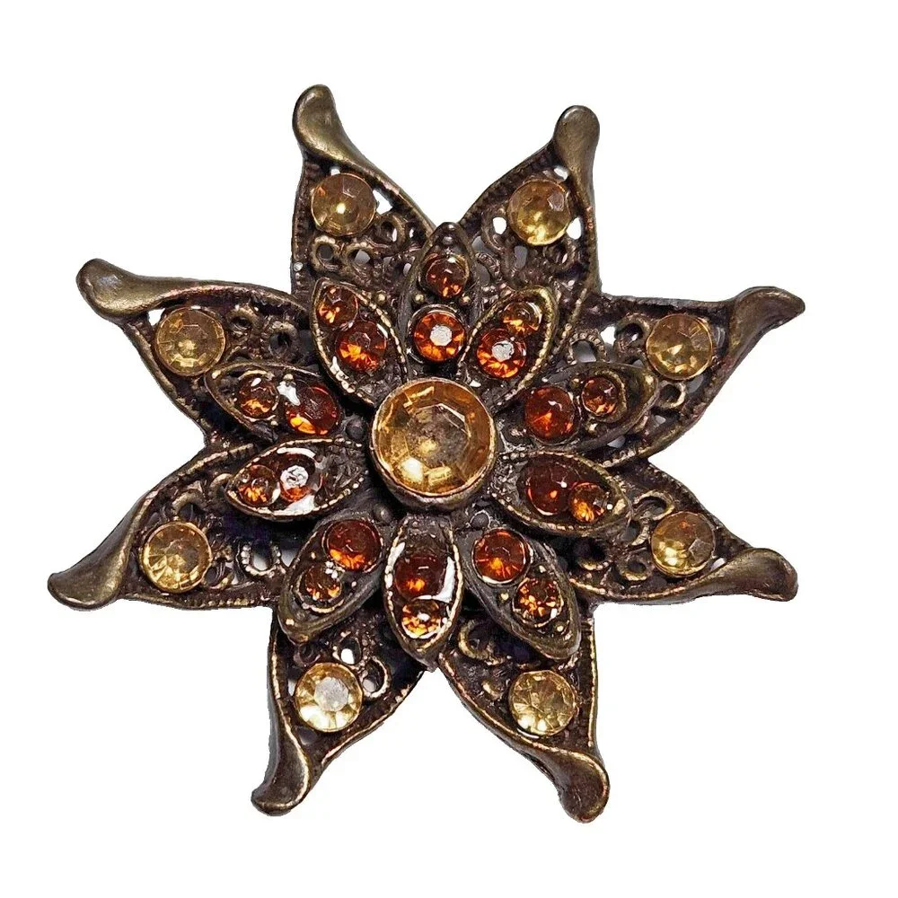 Vintage gold tone and Amber Rhinestone